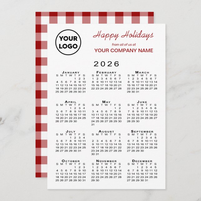 2026 Calendar Business Logo Red White Gingham Holiday Card (Front/Back)
