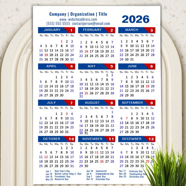 2026 Calendar Business Simple Blue Red Magnetic (Creator Uploaded)