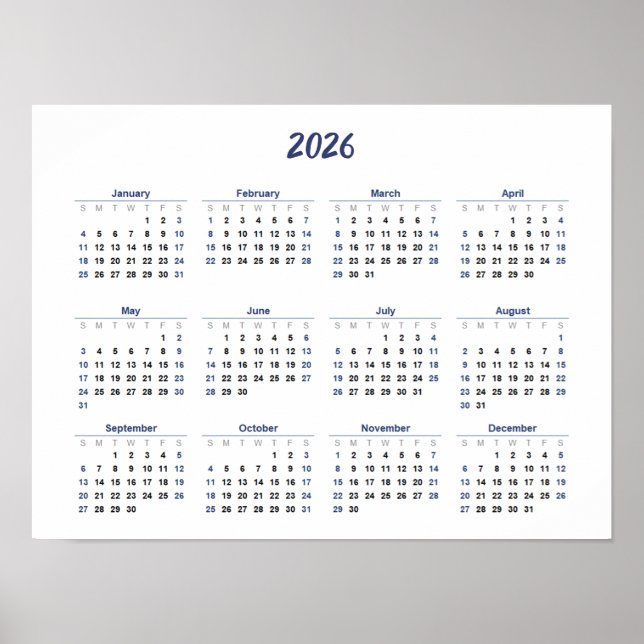 2026 Calendar By Month Home School Office Wall Poster (Front)