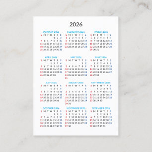 2026 Calendar Card: Sunday Start Business Card