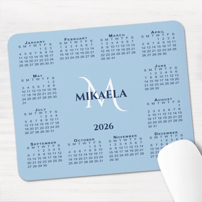 2026 Calendar Chic Monogram Name on Light Blue Mouse Pad (2026 Calendar Chic Monogram Name on Light Blue Mouse Pad with mouse)