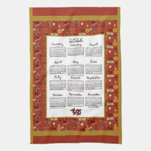 2026 Calendar Chinese Theme Red Repeat Fabric Font Tea Towel