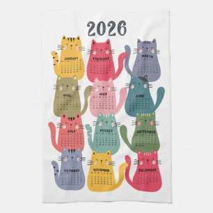 2026 Calendar Colorful Cats Tea Towel