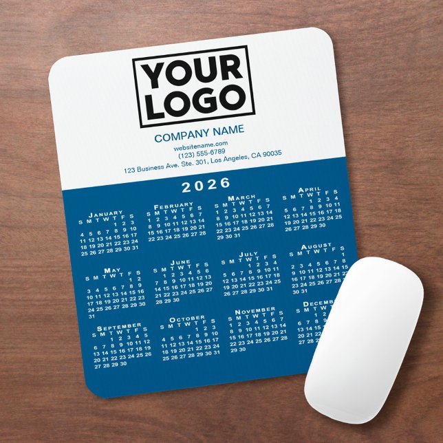 2026 Calendar Company Logo and Text Blue White Mouse Pad (2026 Calendar Company Logo and Text Blue White Mouse Pad, in situ)