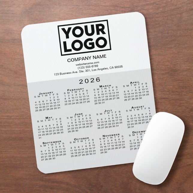 2026 Calendar Company Logo and Text Grey White Mouse Pad (2026 Calendar Company Logo and Text Grey White Mouse Pad, in situ)