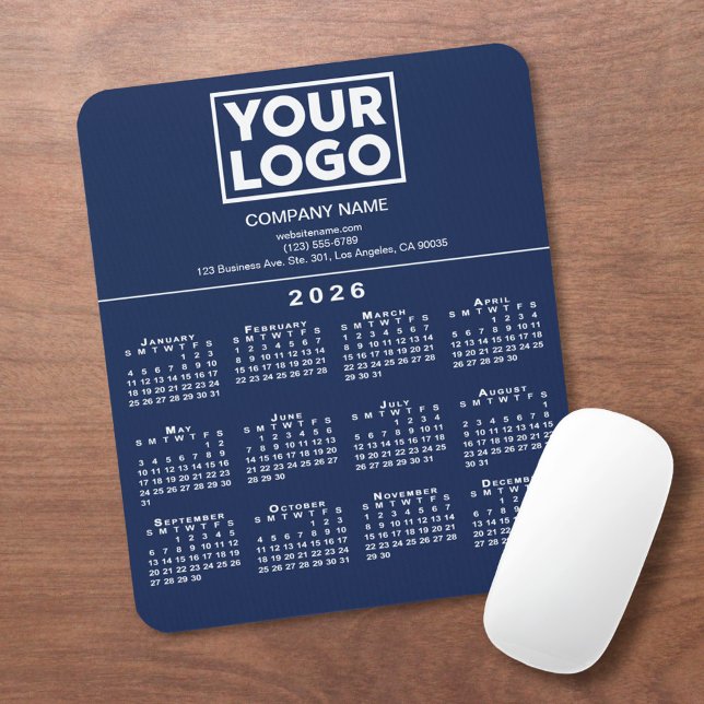 2026 Calendar Company Logo and Text Navy Blue Mouse Pad (2026 Calendar Company Logo and Text Navy Blue Mouse Pad, in situ)