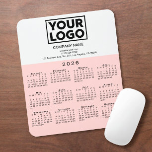 2026 Calendar Company Logo and Text Pink White Mouse Pad