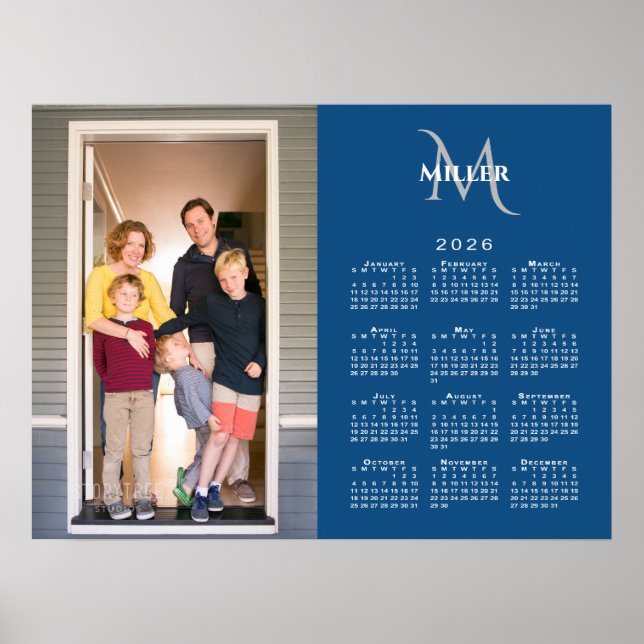 2026 Calendar Custom Photo Monogram Name Blue Poster (Front)