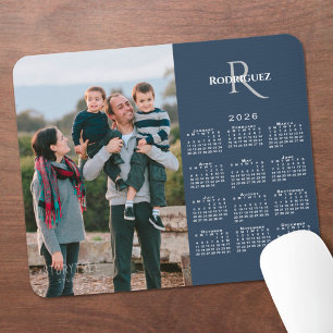 2026 Calendar Custom Photo Monogram Name Navy Blue Mouse Pad