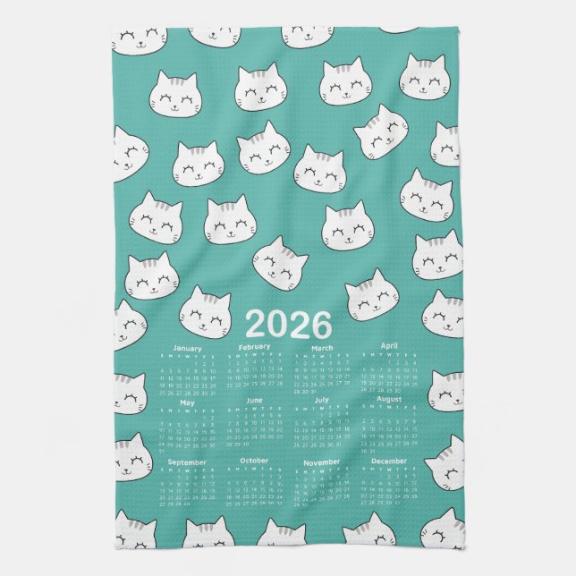 2026 Calendar cute cat faces Pattern Tea Towel (Vertical)