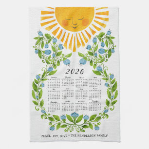 2026 Calendar Cute Sun Blue Flowers Floral Tea Towel