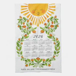 2026 Calendar Cute Sun Orange Flowers Floral Tea Towel