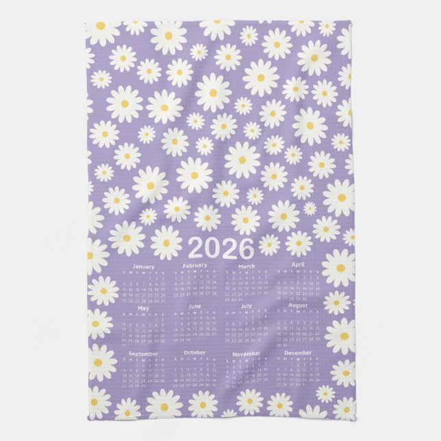 2026 Calendar Daisy Flower Pattern Tea Towel (Vertical)
