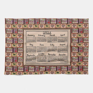 2026 Calendar Dressage Horse Collage Fabric Font Tea Towel