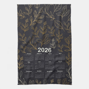 2026 Calendar Elegant Gold Leaves Pattern  Tea Towel