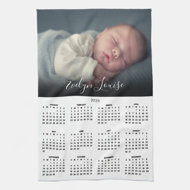 2026 Calendar Elegant Script Name Photo  Tea Towel (Vertical)