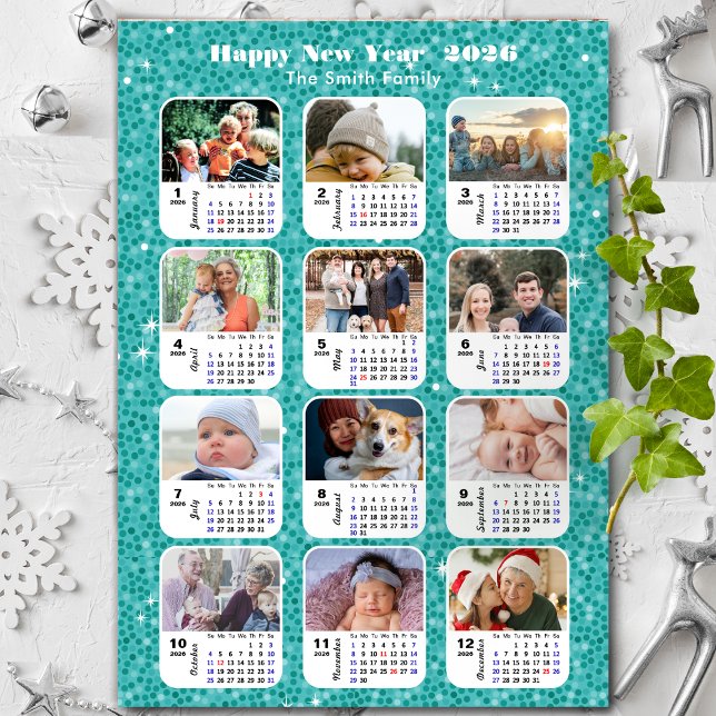 2026 Calendar Family 12 Photo Collage Festive Blue Holiday Card (Creator Uploaded)