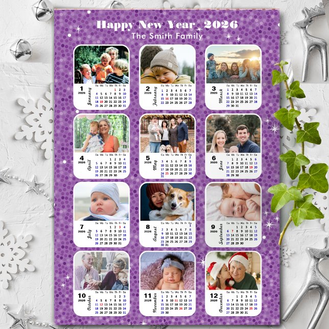 2026 Calendar Family 12 Photo Collage Minimalist Holiday Card (Creator Uploaded)