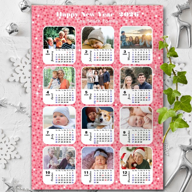 2026 Calendar Family 12 Photo Modern Pink Glitter (Creator Uploaded)