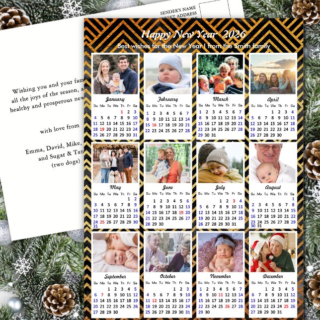 2026 Calendar Family 12 Photo Modern Pink Gold Holiday Postcard (Creator Uploaded)