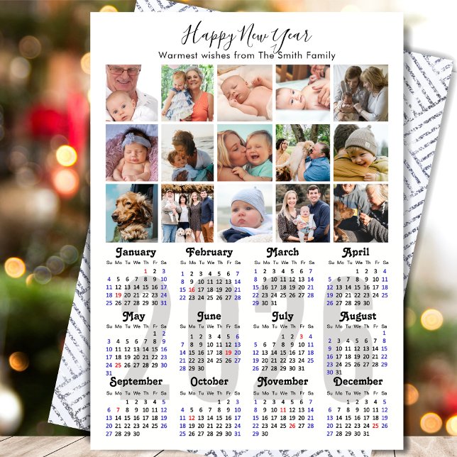 2026 Calendar Family 15 Photo Collage Black Silver Holiday Card (Creator Uploaded)