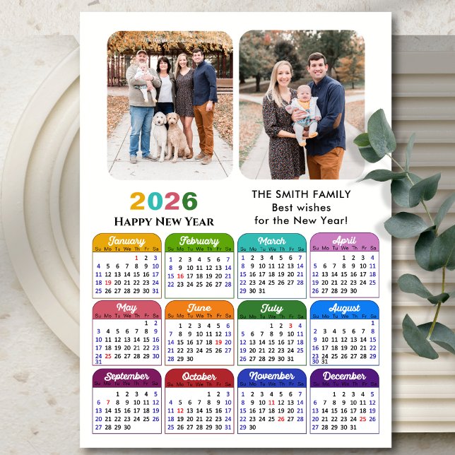 2026 Calendar Family 2 Photo Modern Black Colourfu Holiday Card (Creator Uploaded)