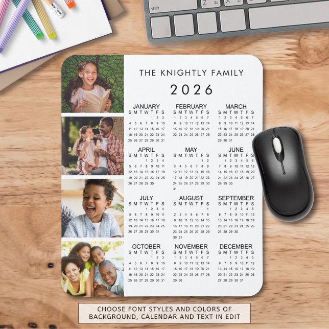 2026 Calendar Family 4 Photo Personalised Colour Mouse Pad (Creator Uploaded)