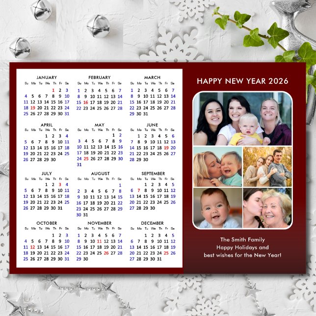 2026 Calendar Family 5 Photo Collage Minimalist Holiday Card (Creator Uploaded)
