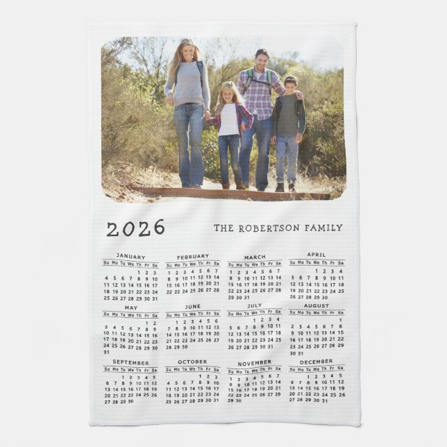 2026 Calendar Family Name Photo Simple White Black Tea Towel (Vertical)