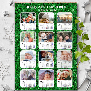 2026 Calendar Family Photo Collage Festive Green Holiday Card