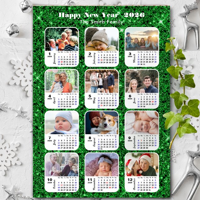 2026 Calendar Family Photo Collage Festive Green Holiday Card (Creator Uploaded)