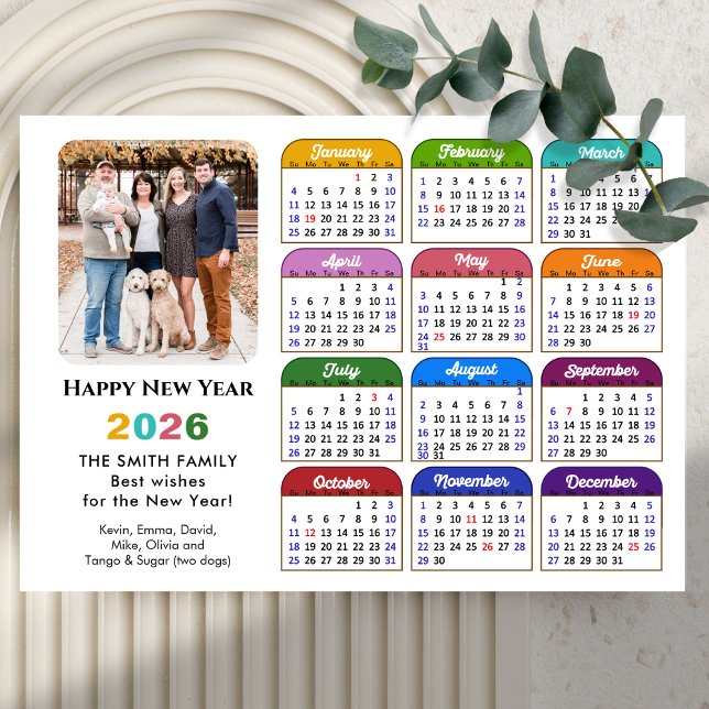 2026 Calendar Family Photo Modern Black Colourful Holiday Card (Creator Uploaded)