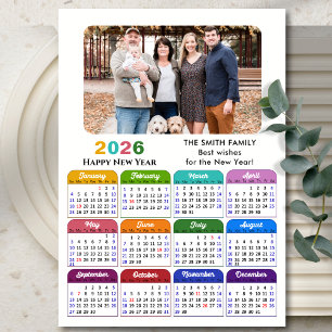 2026 Calendar Family Photo Modern Black Colourful Holiday Card