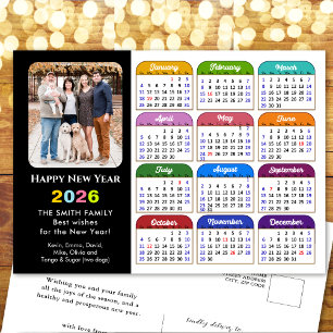 2026 Calendar Family Photo Modern Black Colourful Holiday Postcard