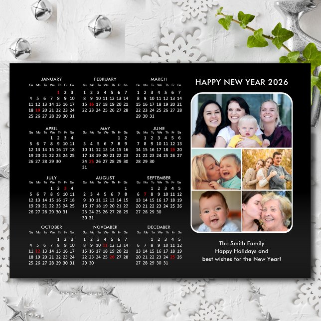 2026 Calendar Family Photo Modern Black Minimalist Holiday Card (Creator Uploaded)
