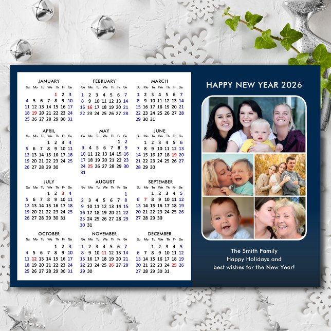 2026 Calendar Family Photo Modern Blue Minimalist Holiday Card (Creator Uploaded)