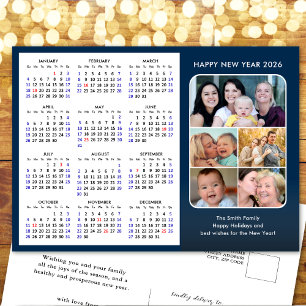 2026 Calendar Family Photo Modern Blue Minimalist Holiday Postcard