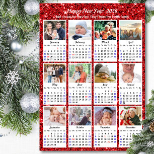 2026 Calendar Festive Red Glitter 12 Photo Collage Holiday Card