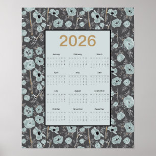 2026 Calendar Full Year Blue Gray Poppies Poster