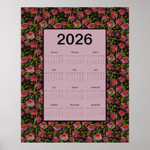 2026 Calendar Full Year Cone Flowers Poster