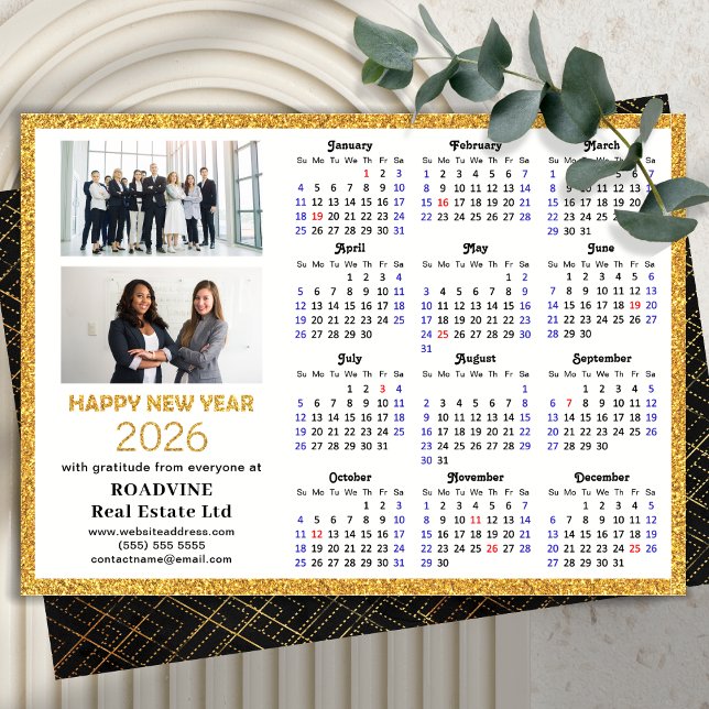2026 Calendar Gold Glitter Business Photo New Year Holiday Card (Creator Uploaded)