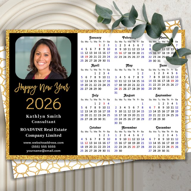 2026 Calendar Gold Glitter Business Photo New Year Holiday Card (Creator Uploaded)