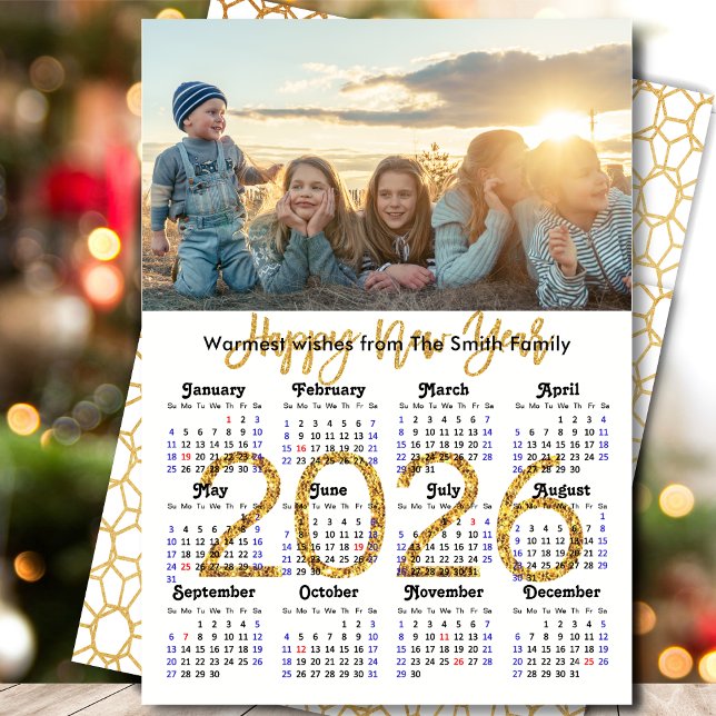 2026 Calendar Gold Glitter Script Minimalist Photo Holiday Card (Creator Uploaded)