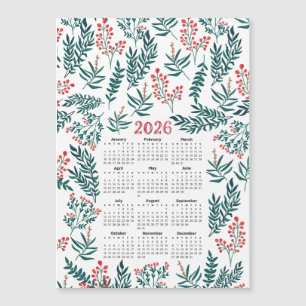 2026 Calendar Green Leaves and Red Floral Pattern