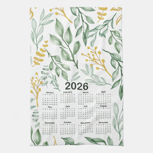 2026 Calendar Green Leaves & Golden Yellow Floral Tea Towel (Vertical)