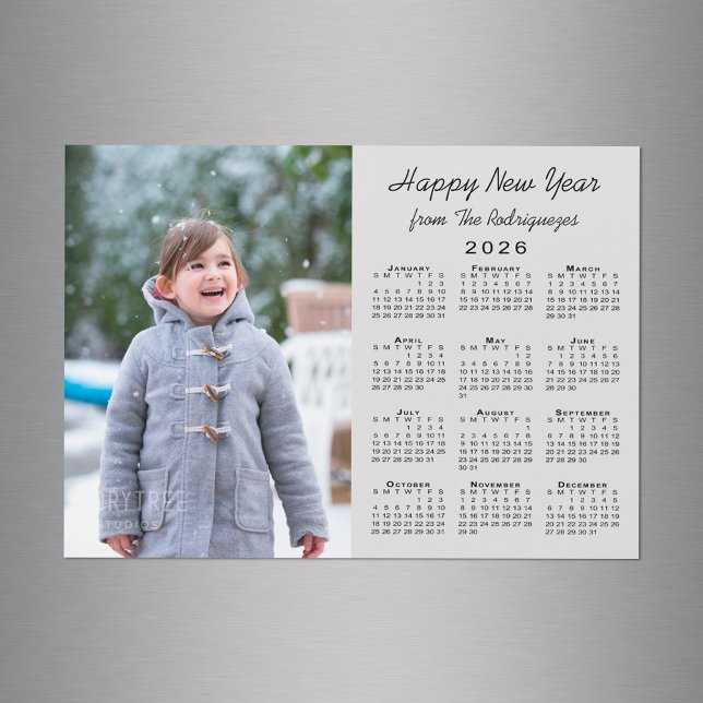 2026 Calendar Happy New Year Photo Grey Magnet (2026 Calendar Happy New Year Photo Gray Magnet in situ)
