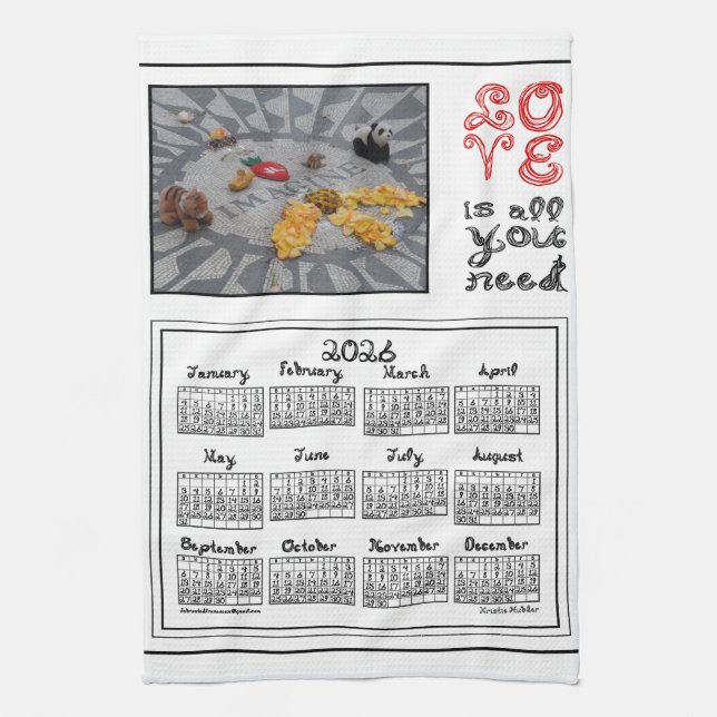 2026 Calendar Imagine Peace Photo LOVE Fabric Font Tea Towel (Vertical)