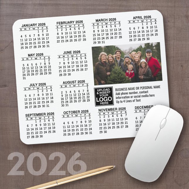 2026 Calendar - logo, photo business Mouse Pad (2026 Calendar on a Mousepad)