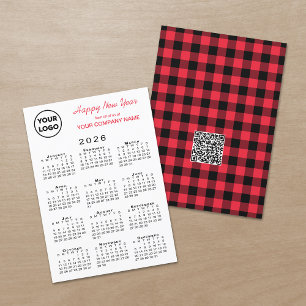 2026 Calendar Logo QR Code Red Black Gingham Check Holiday Card