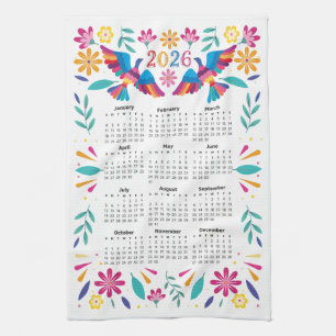 2026 Calendar Mexican Flying Otomi Birds & Flowers Tea Towel